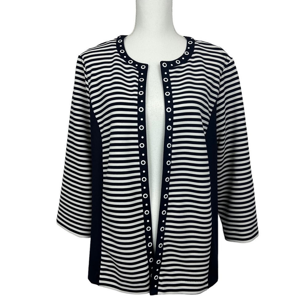 ALFRED DUNNER Women’s Open Cardigan/Blazer Sz 12 Dark Blue/White Long Sleeve